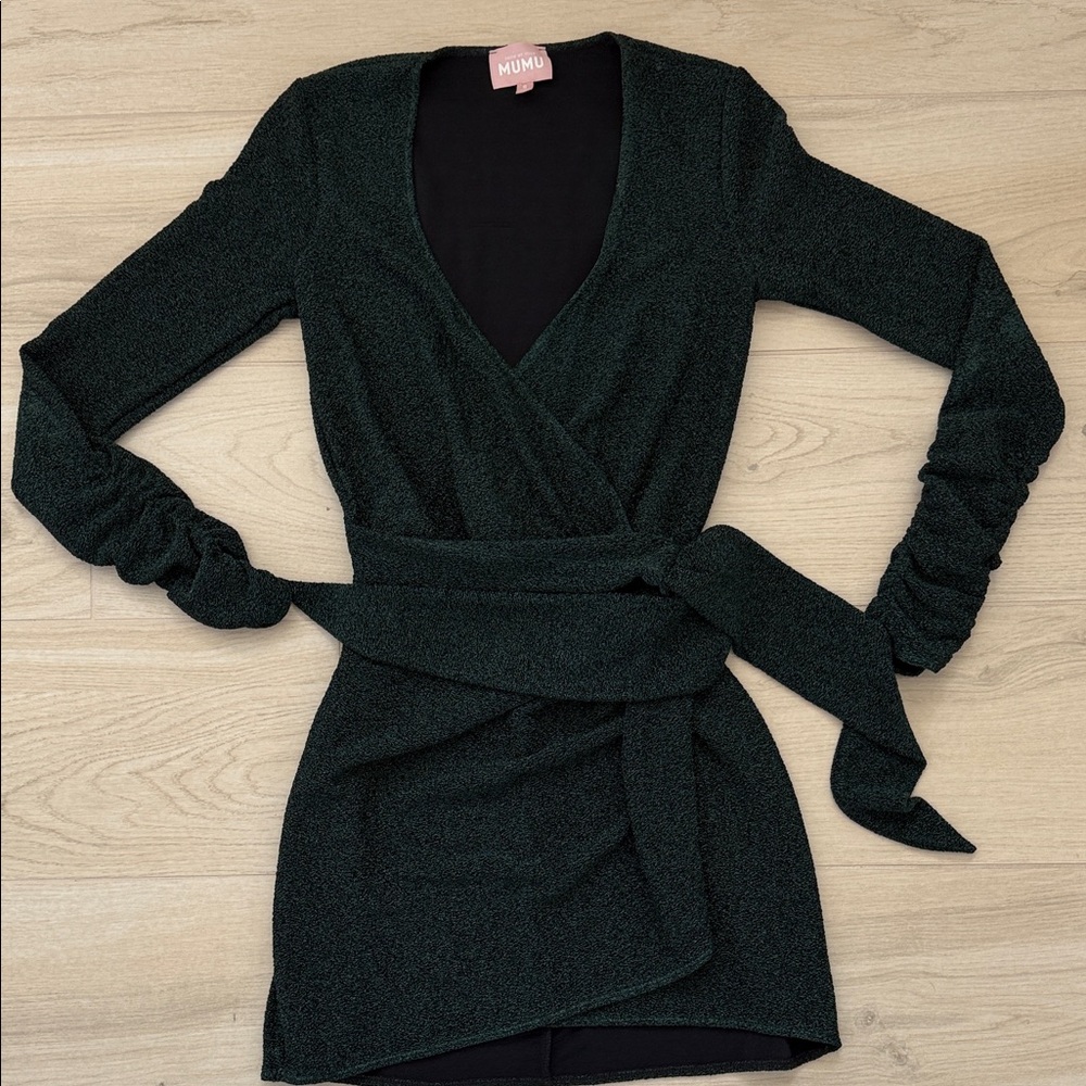 Show Me Your Mumu Green Shimmer Wrap Long-Sleeve Dress